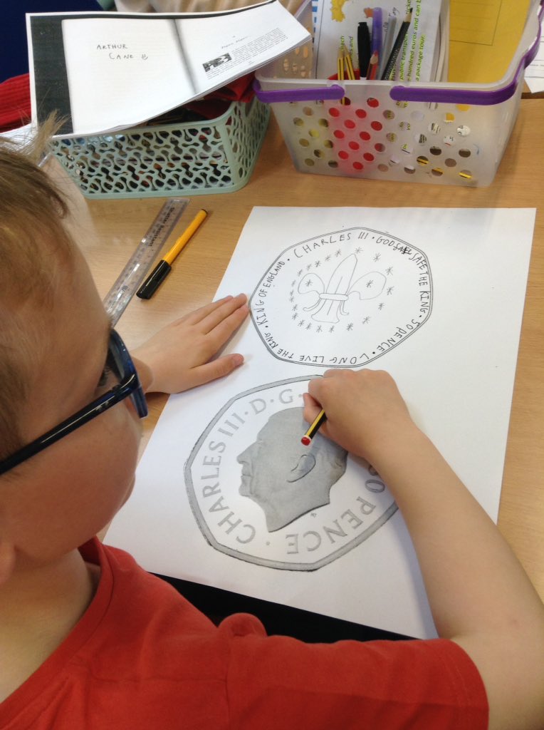latimerprimary's tweet photo. #ClassCB have also been designing a new 50 pence piece for our new king. What wonderful designs! #Coronation #KingCharlesIII #Britishvalues https://t.co/KVoLBSter7