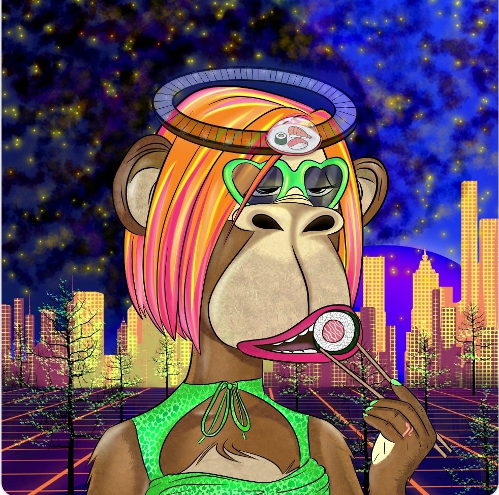 BorkorElse's tweet photo. @BoredApeLadies Happy Anniversary💚💚💚

Your spaces were the first I started to listen to. My favourite piece is definitely Sushi City Bape. https://t.co/K6yGd1Jm8h