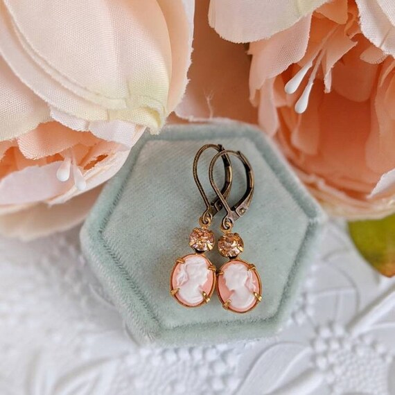 Blush Cameo Earrings, Victorian Cameo Jewelry, etsy.me/3jKj3hP #blushcameoearrings #cameojewelry #victorianearrings #vintagestyle @etsymktgtool