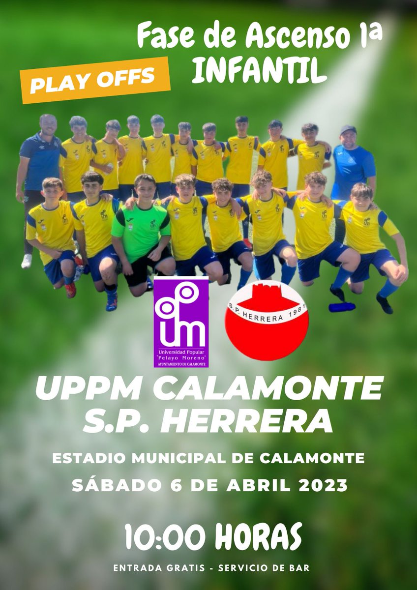 ✅ Play Offfs Fase de Ascenso a 1@ Infantil

Desde el <a href="/CCalamonte/">CD Calamonte</a> Queremos que el Municipal sea un fortín y llenemos las gradas de amarillo para animar a nuestros chavales 

10:00 Horas
Uppm Calamonte
<a href="/SPHERRERA1/">S.P.Herrera</a> 

No faltes te esperamos un paso más para ser grandes