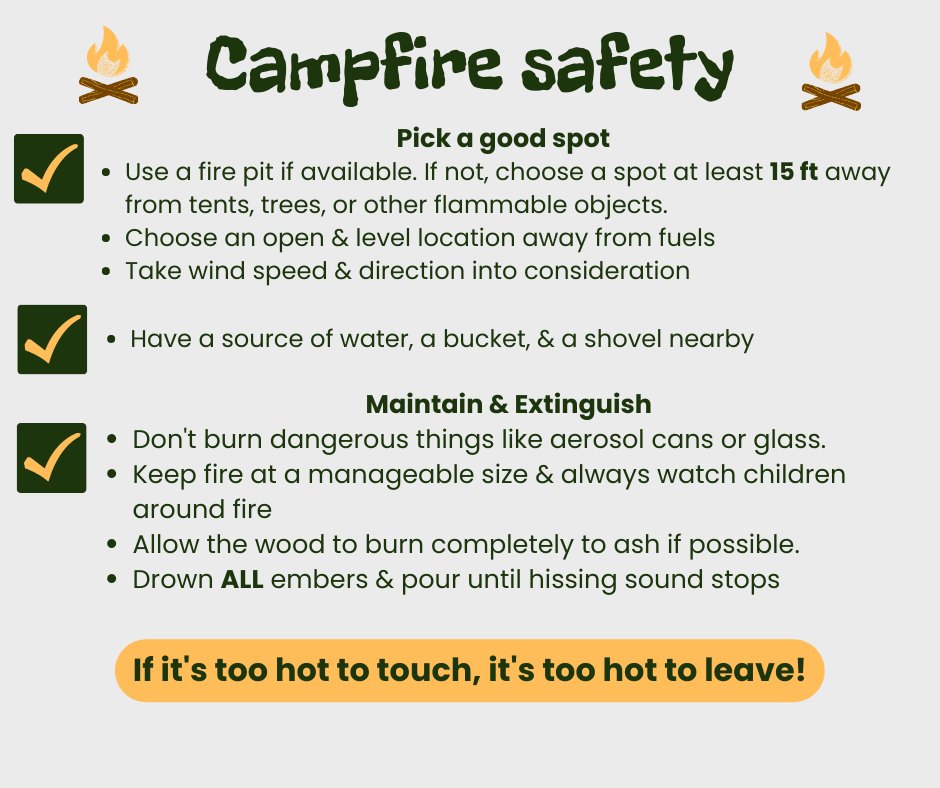 It's Memorial Day Weekend &amp; we know many folks will be hitting trails &amp; campsites. If you are in a space that allows you to have a campfire, remember these few rules to keep you &amp; our forests safe.

For more tips from Smokey Bear, visit smokeybear.com