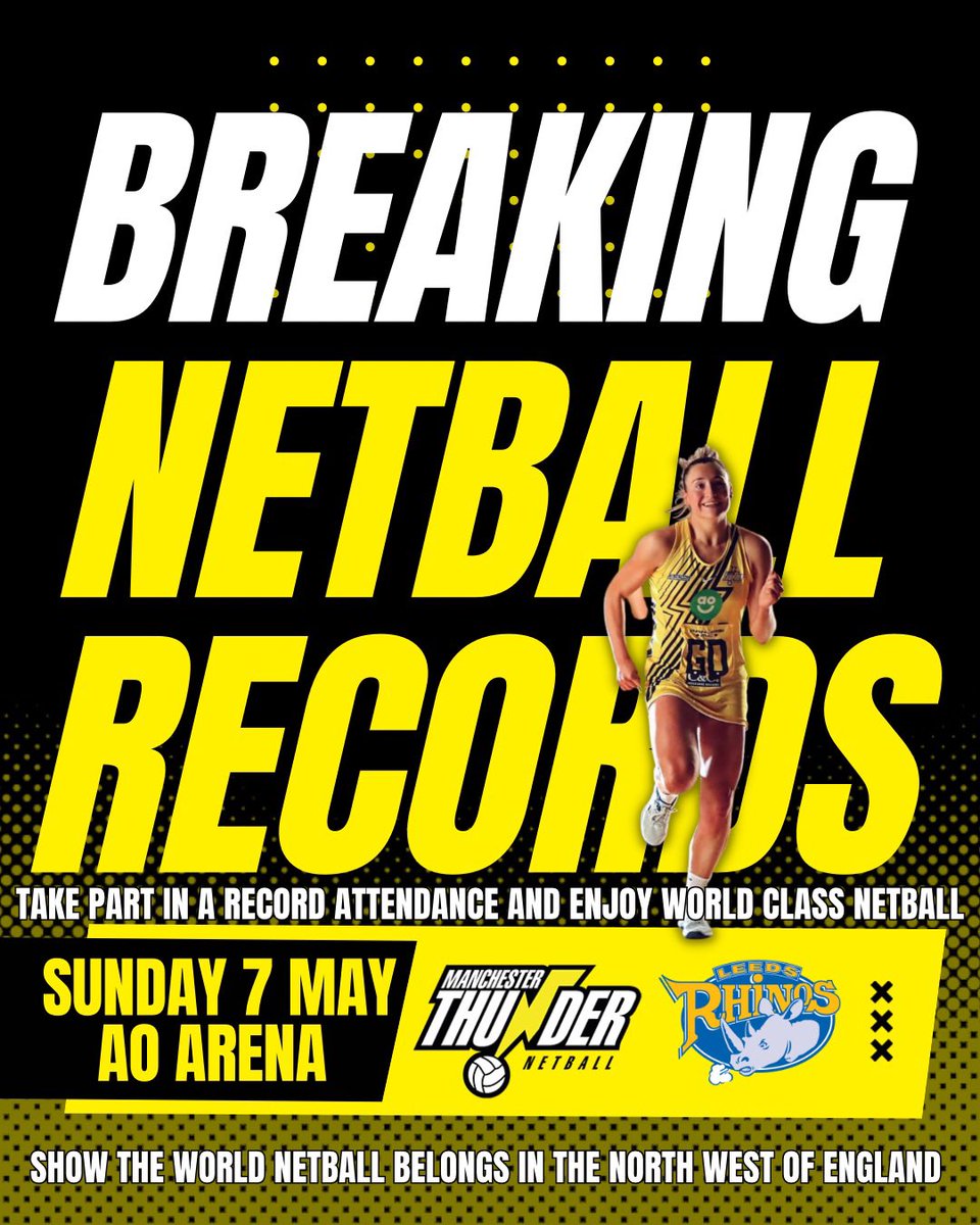*PLEASE SHARE*

Join us as we look to make a huge statement for women’s sport in the UK and an even bigger one for netball 🏐💛🖤

Tap the link below NOW and grab your tickets for an incredible experience at the <a href="/AOArena/">AO Arena</a> with world class netball, as Thunder take on