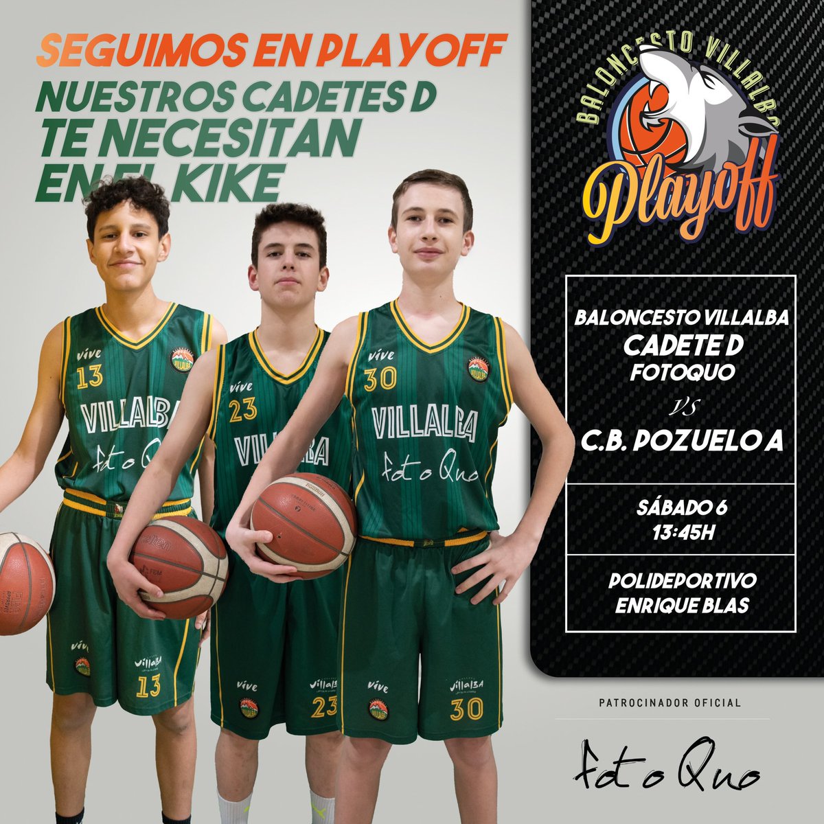 ubvillalba's tweet photo. 🚨🚨 PLAY OFF CADETE D MASCULINO 🚨🚨

El cadete D @fotoquors disputa este sábado el partido de ida de octavos de final frente a @cbpozuelo 

Esperamos veros animándoles en el Kike Blas . Os necesitamos!

📆 Sábado 6 mayo 

⏰ 13:45 h

🏟️ Kike Blas 

🆚 Pozuelo A

Te esperamos!! https://t.co/EI5Xgg5iEr