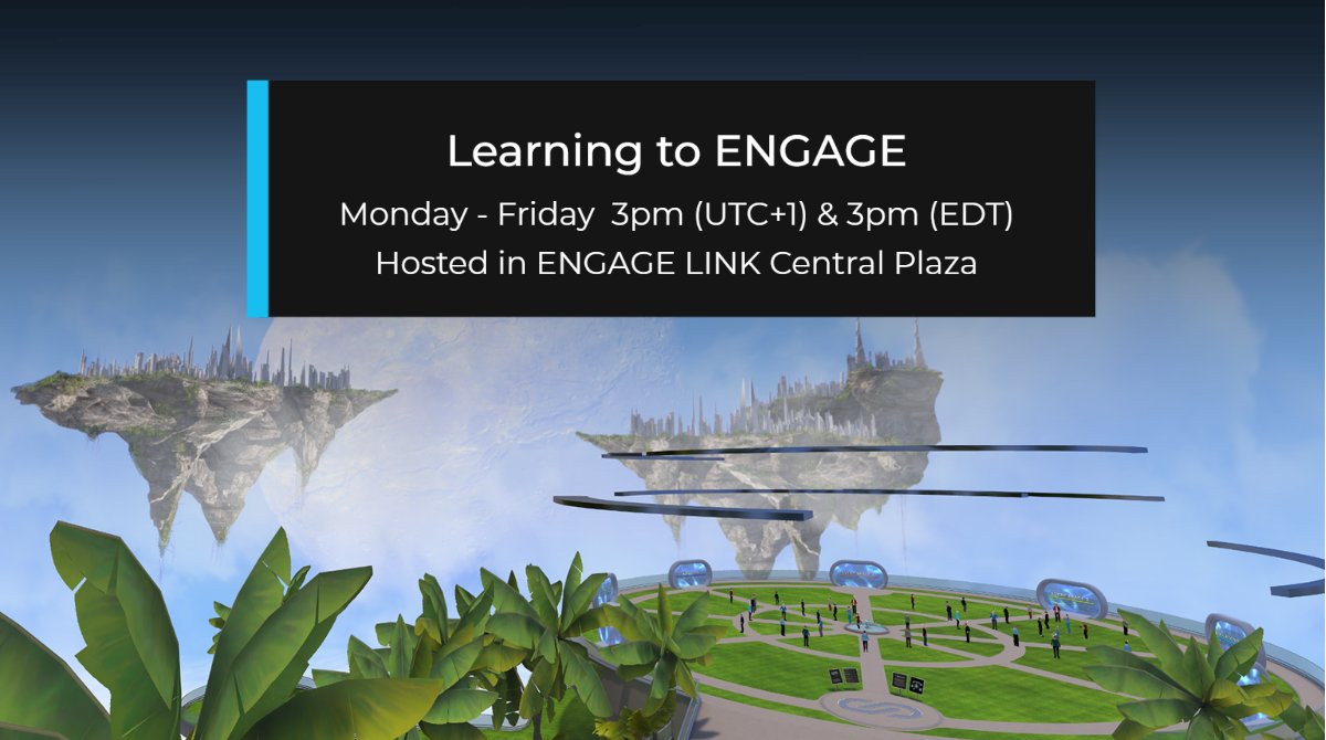 engage_xr's tweet photo. From next week, we will run our ‘Learning to Collaborate in ENGAGE’ events twice a day (3pm UTC+1 and 3pm EDT), Monday to Friday under the new name of ‘Learning to ENGAGE’. These events will take place in Central Plaza in ENGAGE LINK.

https://t.co/KmuiLRdvrw https://t.co/VwelPtMoJa