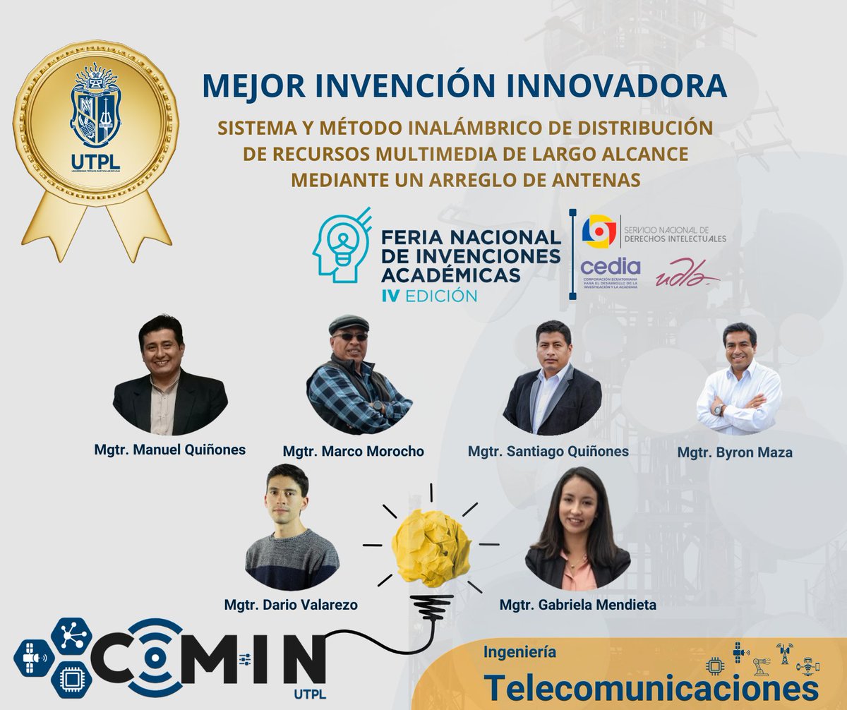 mfquinonez's tweet photo. 🥇Ganamos Mejor Invención Innovadora en IV Semana de Propiedad Intelectual #Ecuador🌟. Gracias por el apoyo y felicitaciones a nuestro Grupo de Investigación de comunicaciones inalámbricas GCOMIN @UTPL! #Innovación #GCOMIN #TELECOMUNICACIONESUTPL 💪🇪🇨 https://t.co/goTEHGYtZq