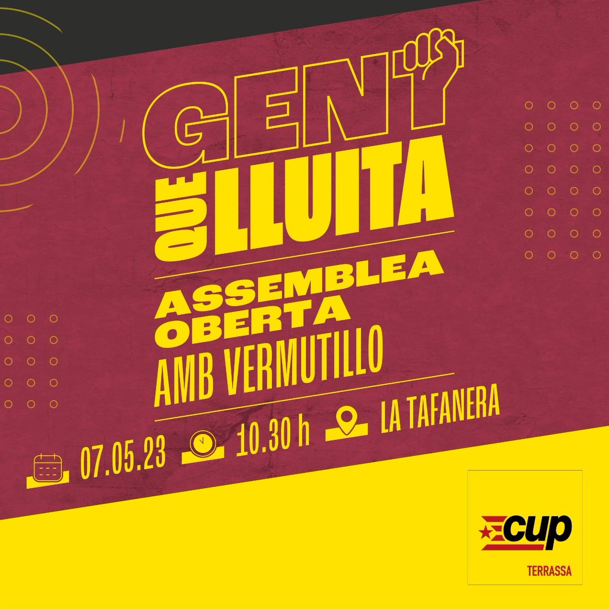 CUPTerrassa's tweet image. Encarem les eleccions municipals del 2023! 

Tenim les idees, #FemHoPossible!

✊Vine i participa en l&apos;assemblea oberta per preparar i col·laborar a la campanya de la #GentQueLluita.

T&apos;esperem: 
🗓️Diumenge 7 de maig
⏰A les 10:30h 
📍A @latafaneratrs (C/ Sant Gaietà, 127)