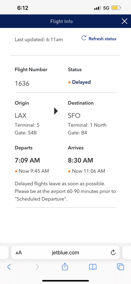 thisisginap's tweet photo. Really disappointed that @JetBlue ruined our plans we had in San Francisco today…wouldn’t have picked this airline if this was the original departure time https://t.co/ck1vZlGEbZ