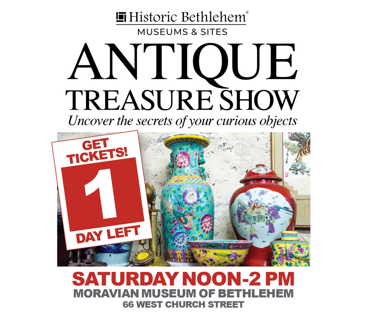 HistoricBeth's tweet photo. ANTIQUE TREASURE SHOW TOMORROW! Join us Saturday! Our team of expert appraisers will uncover the secrets of your curious objects noon to 2 p.m. at the Moravian Museum (66 W. Church Street). 

Get tickets at https://t.co/C9P7qkCaMk or walk up on Saturday

#antiques #antique https://t.co/q2F1SAarug