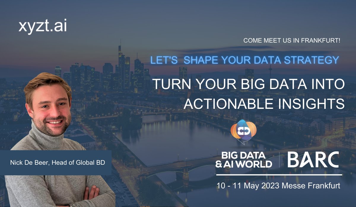 Next week we're heading to Frankfurt 🇩🇪 to the  @big data &amp; ai world Frankfurt.
Come meet the <a href="/xyzt/">xyzt</a>.ai  team at the #BDAIWF23 🤝
Send us a PM and come meet us!
10 -11 May, Messe Frankfurt, Germany