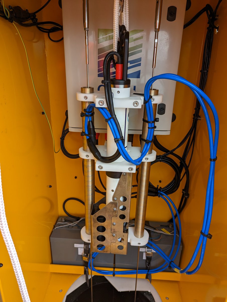Oceanscientific's tweet image. A sneak peek at our unique instrument frame that securely holds these  @SeaBird_Sci sensors in position within the #moonpool of our data buoy platform. bit.ly/3XLhJgO