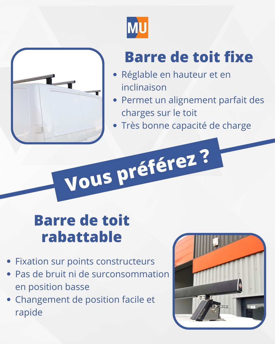 MUtilitaire's tweet image. Alors, vous êtes plus team barre de toit fixe ou barre de toit rabattable ? 🤔 
Dites-nous en commentaires ! 💬

✅Retrouvez nos barres de toit fixes : urlz.fr/lATs

✅Retrouvez nos barres de toit rabattables : urlz.fr/lATy

#utilitaire #duel #tuprefere #vul
