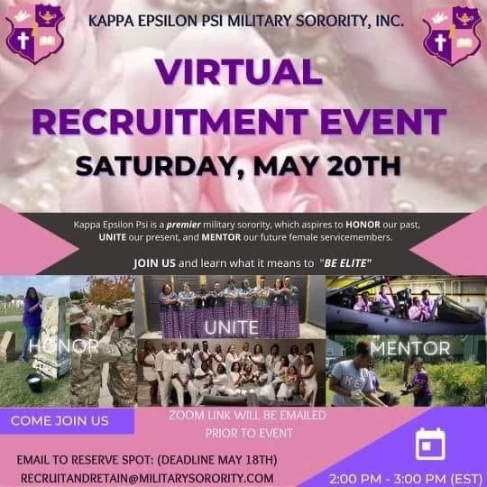 Kappa Epsilon Psi Military Sorority, Inc will be hosting a virtual recruitment event on May 20, 2023.  To reserve your spot, please send an email to the contact listed below.  This is an event you do not want to miss!
#kappaepsilonpsi #womenveterans #militarywomen #ActiveMilitary
