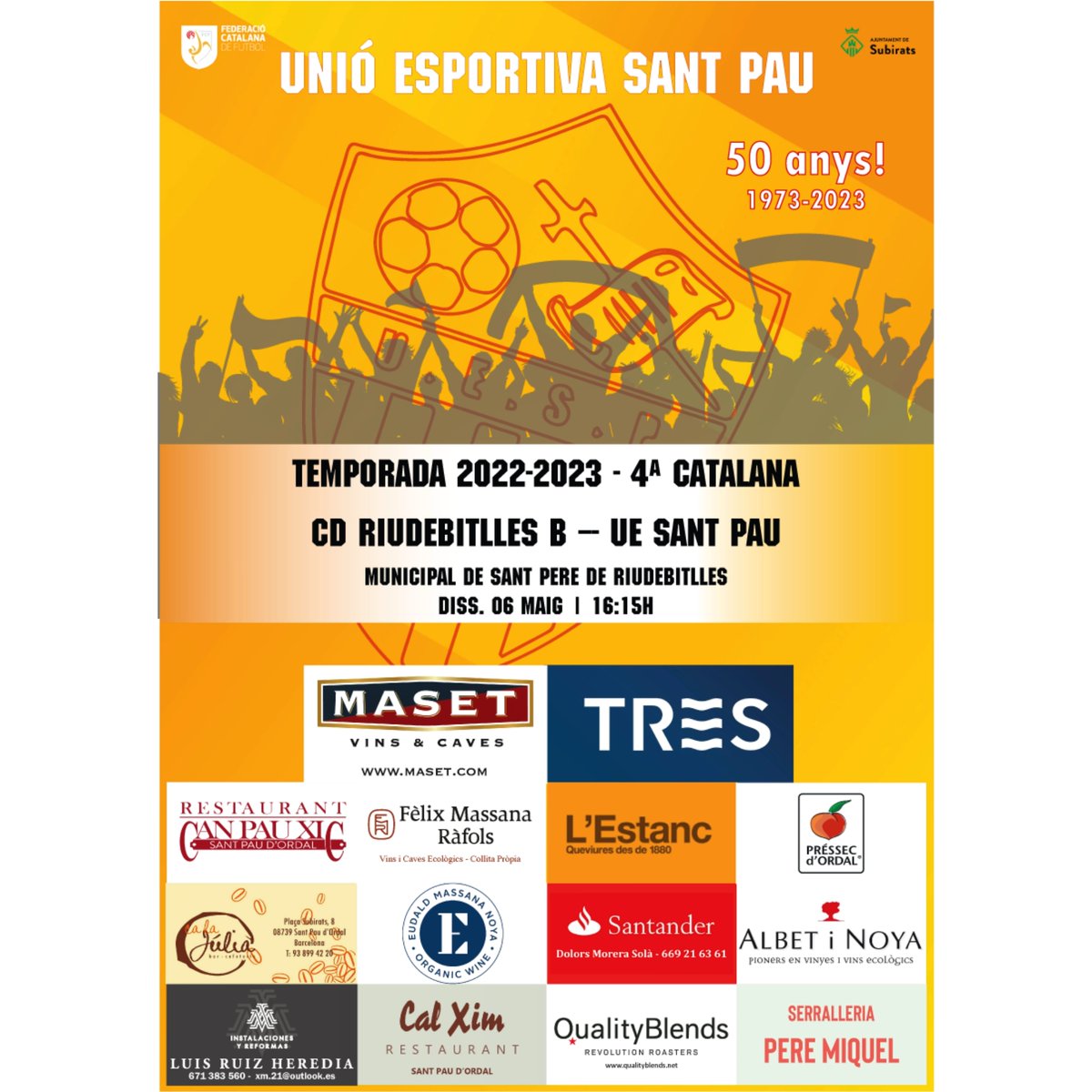 ⚽JORNADA 28⚽
@riudebitllesb vs UE Sant Pau

Partit molt difícil a domicili. Ens juguem seguir enganxats a la part alta de la classificació. No ens podem permetre cap error! Som-hi! 
#santpaudordal #subirats #penedes #catalunya #barcelona #catalonia #fcf #futcat #4cat10 #futbol