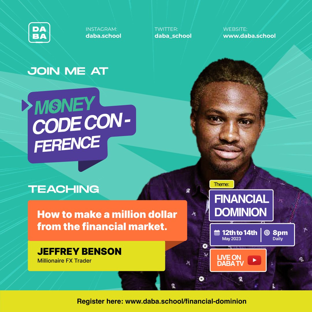iamchrisani's tweet photo. The Tatatata master and million dollar forex trader @JeffBensonForex will also be teaching you how to make millions from the Financial market.
Register here
https://t.co/aaoUaCkjK5
#Dabais4 #MoneyCodeConference
#FinancialDominion https://t.co/4YMBpK1yg9