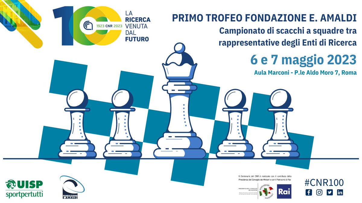 ♟️ Sabato 6 e domenica 7 maggio si terrà il Primo Trofeo Fondazione E. Amaldi, la prima edizione del torneo di scacchi a squadre tra rappresentative degli Enti di Ricerca

🤝<a href="/amaldi_e/">Fondazione E. Amaldi</a> <a href="/CNRsocial_/">CNR Consiglio Nazionale delle Ricerche</a>  <a href="/conhypatia/">Consorzio di Ricerca Hypatia</a> 

Leggi la news 👉  bit.ly/3AUqpY2