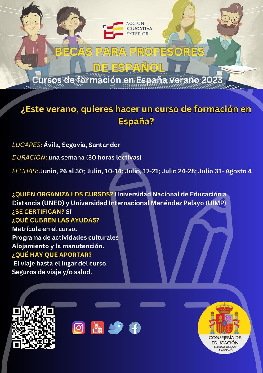 PRÓXIMA convocatoria CURSOS DE VERANO 2023 para profesores de español como lengua extranjera en Ávila, Segovia y Santander, en colaboración con UNED y UIMP. Más información aquí: bit.ly/3nwk4yQ
#SpainEdOffice #AcciónEducativaExterior