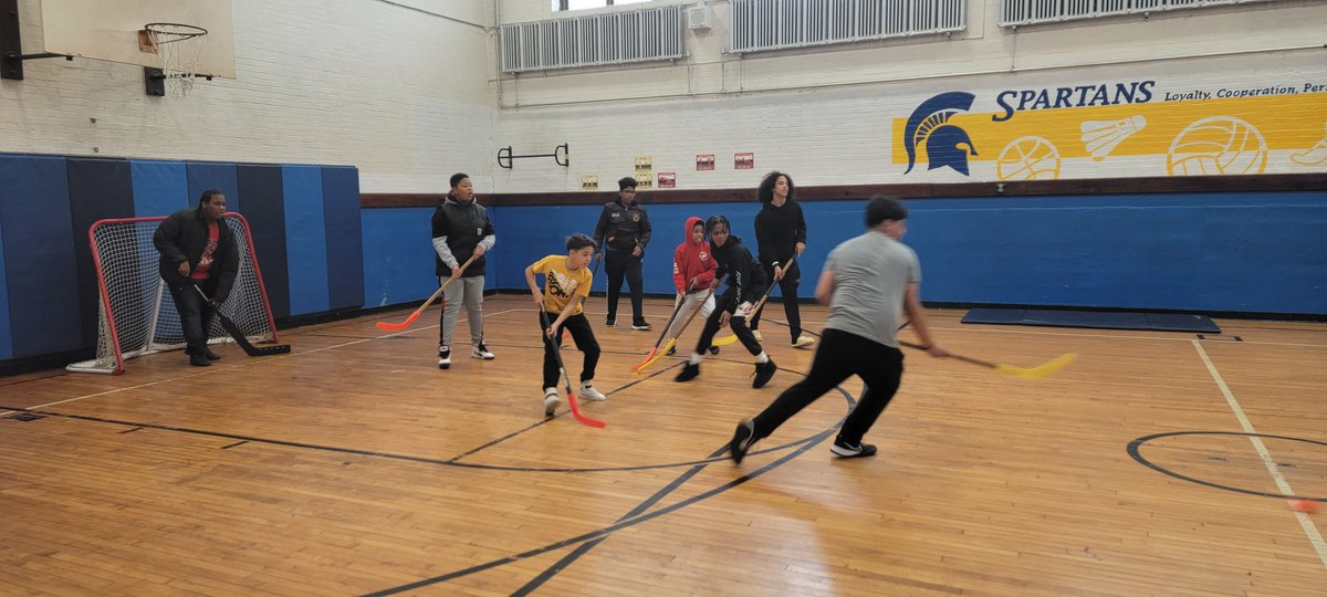 Enjoying our hockey unit. Red team shot a buzzer beater as the bell rang to end the game 6-6!