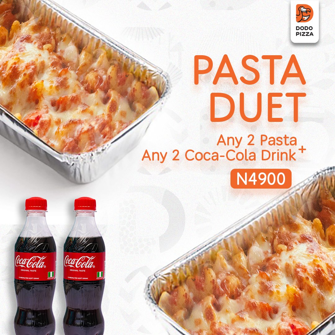 Don't just settle for any pasta - choose the best👌 Treat yourself to our mouthwatering pasta duet for lunch🤤 To order; Visit our store or dodopizza.ng Call 0700DODOPIZZA,( 0700363674992) or install our Mobile App. Order Now! We deliver!! #DodoPizzaNG #PastaDuet