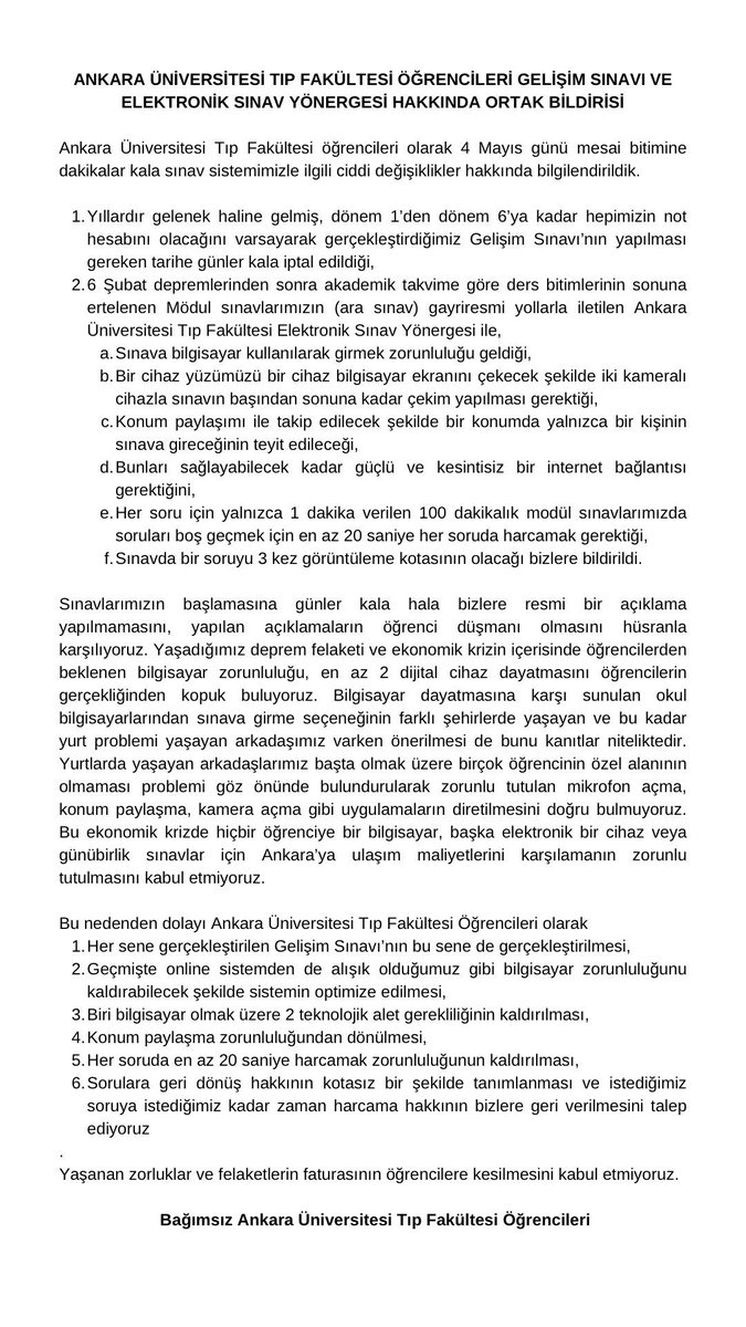 📢 Ankara Üniversitesi Tıp Fakültesi yönetimi tıp öğrencilerinin çağrısına ve taleplerine kulak vermelidir

📌 Bağımsız Ankara Tıp Fakültesi Öğrencileri deprem felaketi ve ekonomik krizin içerisinde öğrencilerden beklenen bilgisayar zorunluluğunu ve en az 2 dijital cihaz