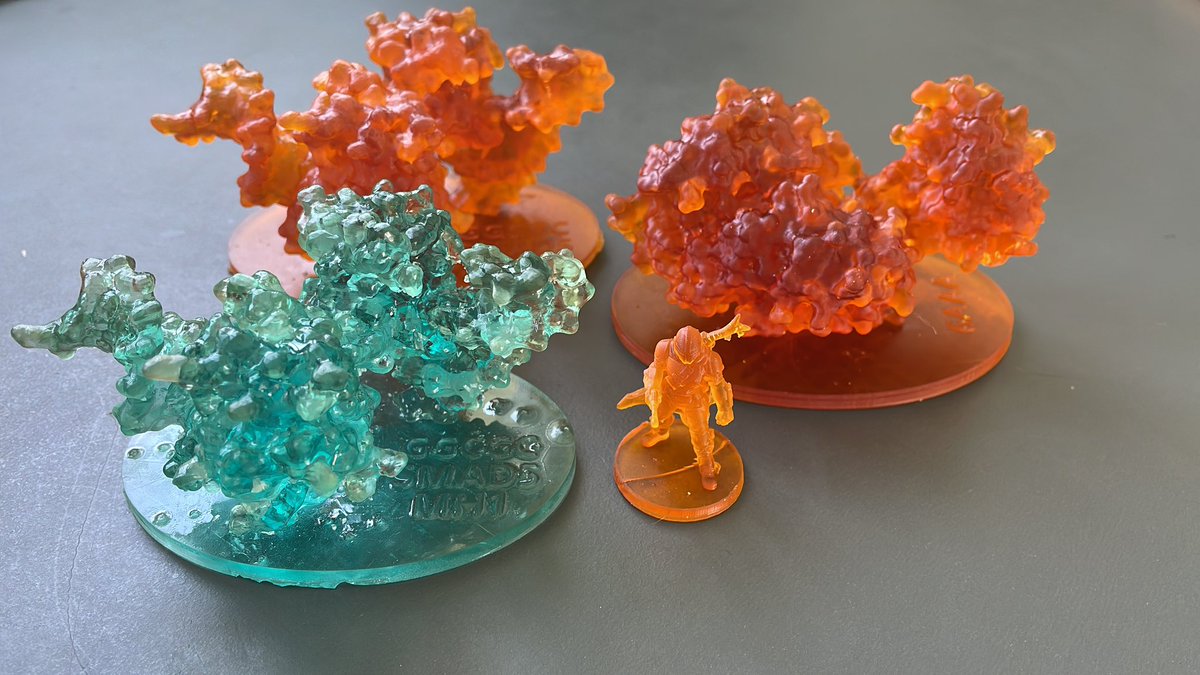 Dieses Semester probiere ich mit den Biochemie Studierenden des Wissenschaftskommunikationskurses wie man Proteinmodelle einfach und ansprechend 3D drucken kann. Hier sind die ersten Ergebnisse. <a href="/FU_Berlin/">Freie Universität</a> <a href="/fubcp/">Department Biology, Chemistry, Pharmacy FU Berlin</a> #3dprinting #May4thBeWithYou - Mando dient als Qualitätsvergleich.