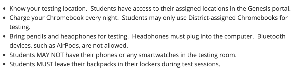 NJSLA TESTING starts Monday 5/8. Students get some rest this weekend and eat a good breakfast Monday! Some important reminders: