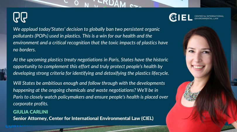 ciel_tweets's tweet photo. 🥳VICTORY: Today Parties at the #BRSCOPs2023 banned 2⃣ harmful chemicals used in plastics — #UV328 & #DechloranePlus — under the #StockholmConvention.
The upcoming #PlasticsTreaty negotiations should complement this effort & prioritize people's health over profits. https://t.co/SXJnk0lEGu