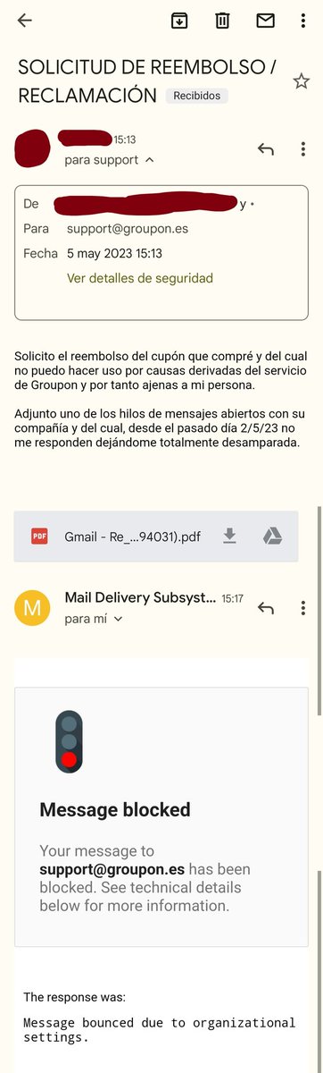 maramia07's tweet photo. @Groupon_es @FACUA La respuesta que recibo es que bloquean mi mensaje. Además del reembolso solicito que faciliten una vía telefónica para poder contactar pues es imposible vía email #Indignante https://t.co/RS5G41A46T