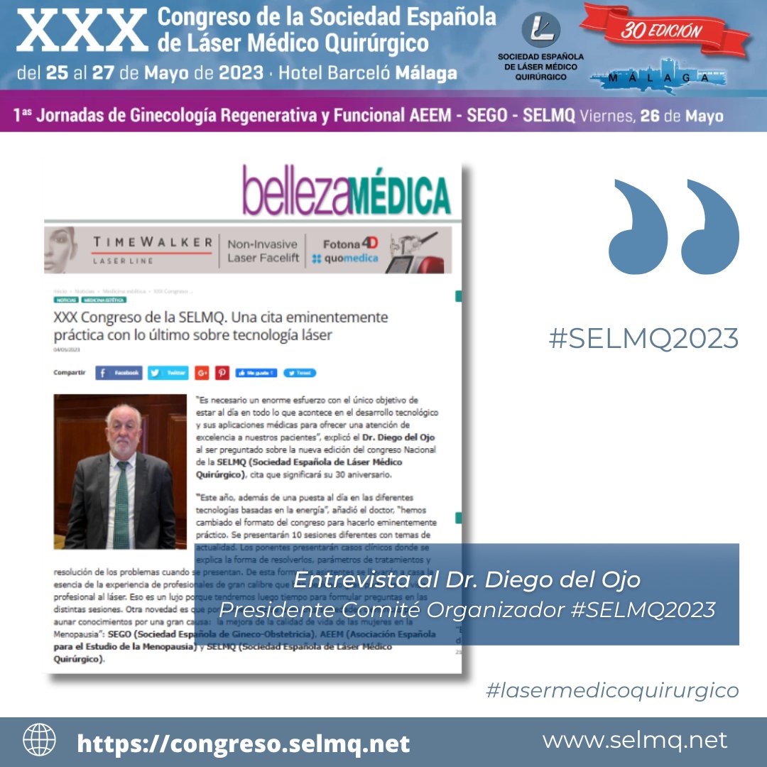 Dr. Diego del Ojo, Pte. Comité Organizador del XXX #SELMQ2023: “Es necesario estar al día del desarrollo tecnológico y sus aplicaciones médicas para una atención de excelencia”
💠2 Cursos Pre-congreso
💠4 Talleres de Industria 
💠+ de 30 casos clínicos
&gt;&gt; congreso.selmq.net