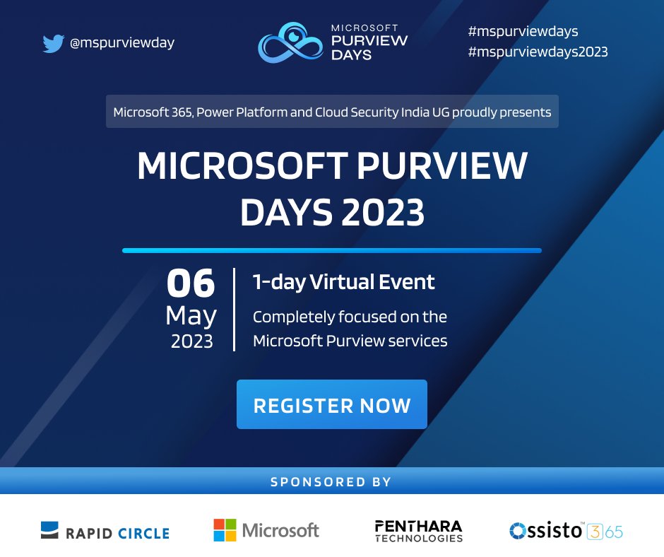 mspurviewday's tweet photo. Don't miss out on Microsoft Purview Day 2023 tomorrow, starting at 9:30 am IST.
If you haven't registered yet, go for it now.

Register Now: https://t.co/X9q1IMEtcr

#microsoftpurview #mspurviewdays #mspurviewdays2023 #registernow #mvpbuzz #sharingforcaring #Pentharagalaxy https://t.co/f23hXXe1ID