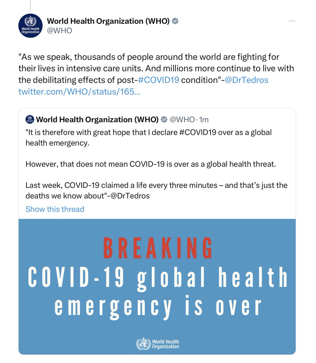 SandraWeeden's tweet photo. WHO: Covid Global Health Emergency Over!

🤔 https://t.co/mUDnlMGPFE