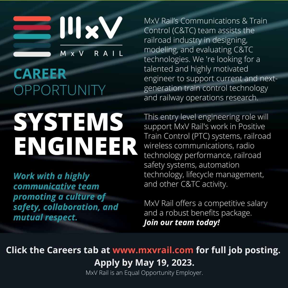 We’re seeking a Systems Engineer to join our Communications &amp; Train Control team <a href="/WeAreMxVRail/">MxV Rail</a>. Join our team and apply today! The deadline to apply is May 18. #hiringnow #wearemxvrail #careeropportunities ow.ly/GMrI50LksPm