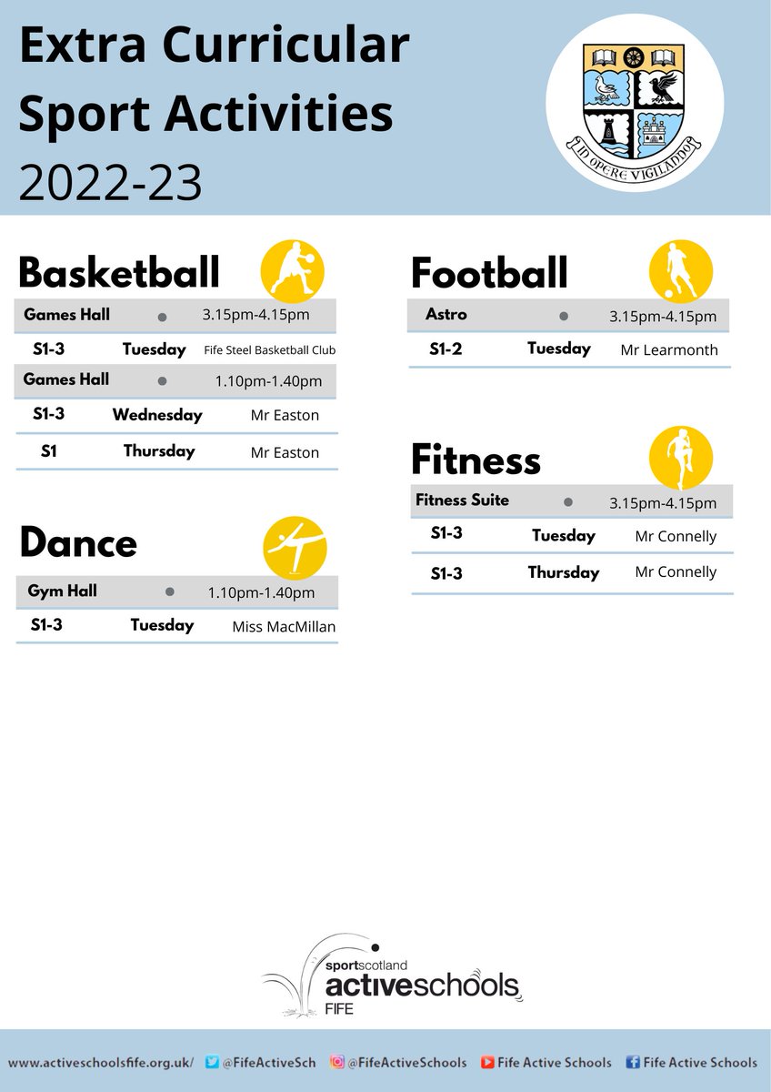 🏀| Extra-Curricular

A reminder for all pupils of the lunchtime and after-school clubs currently taking place ⬇️

🚨 Please note after-school fitness will take place every Tuesday and Thursday, from Thursday 11th May onwards 

<a href="/ViewforthHS/">Viewforth High School</a>