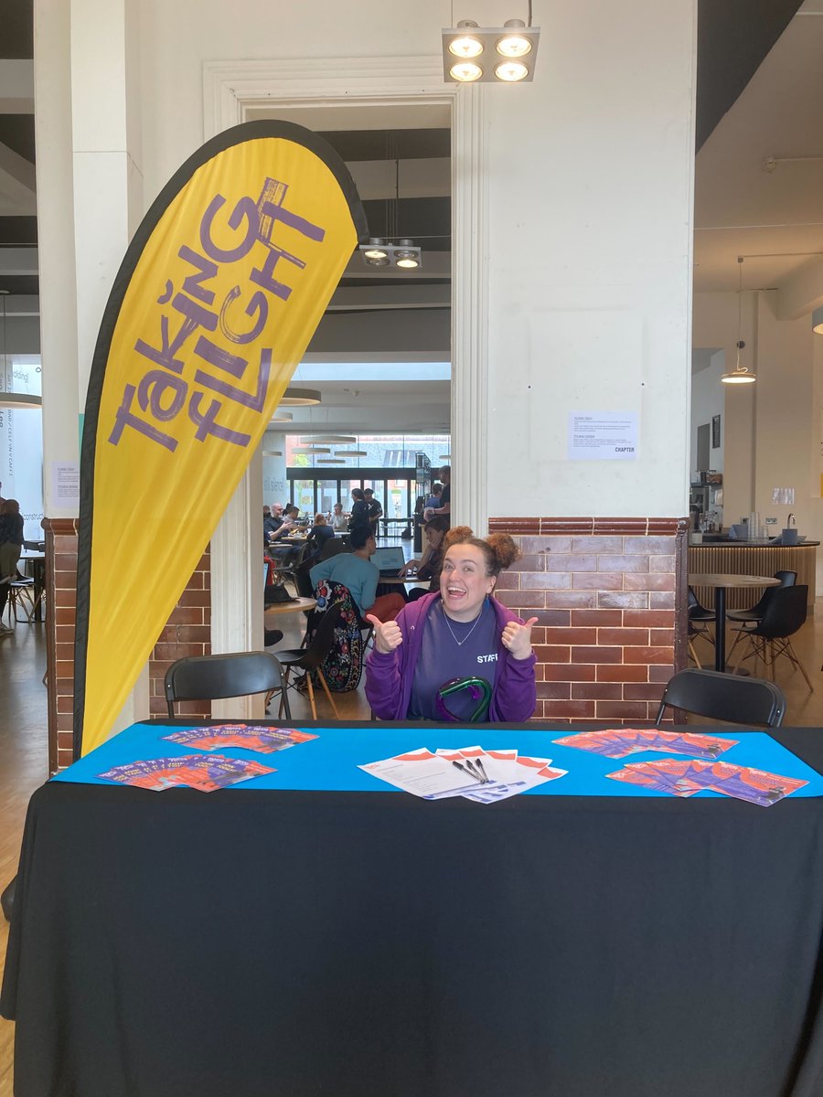 takingflightco's tweet photo. Our gorgeous @deafsteph95 at @chaptertweets #DeafTogether today - pop and say hi and find out all about our #DeafYouthTheatre, #DeafAwarenessTraining and #AccessibleTheatre shows whilst taking in all the brilliant events happening throughout today and tomorrow #DeafAwarenessWeek https://t.co/DIfNoVIfUy