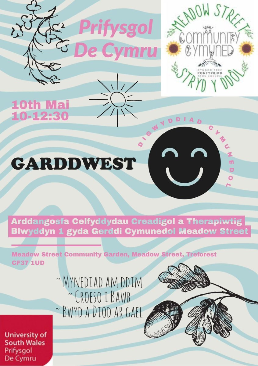 Come along to Meadow St Community Garden on Wednesday 10th May 10.00am. The University of South Wales' Creative and Therapeutic Arts students will be holding an exhibition of their work.
Come and view their fantastic creations in this lovely setting, with a drink and some nibbles