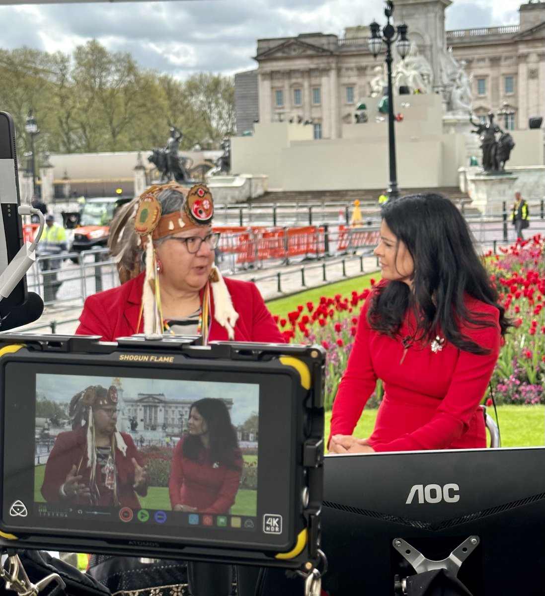ChiefRoseAnne's tweet photo. 2/ Meegwetch @AnneMarieAMK for inviting me onto @YourMorning to discuss the national Indigenous presence at the #Coronation in London. A lovely coincidence that you wore red today. #WhyIWearRed https://t.co/fahQ4IpoDZ