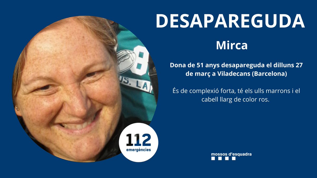 mossos's tweet photo. La Mirca va desaparèixer el 27 de març a Viladecans. Ajuda'ns a trobar-la

Mirca desapareció el 27 de marzo en Viladecans. Ayúdanos a encontrarla https://t.co/pWllCMFUa5