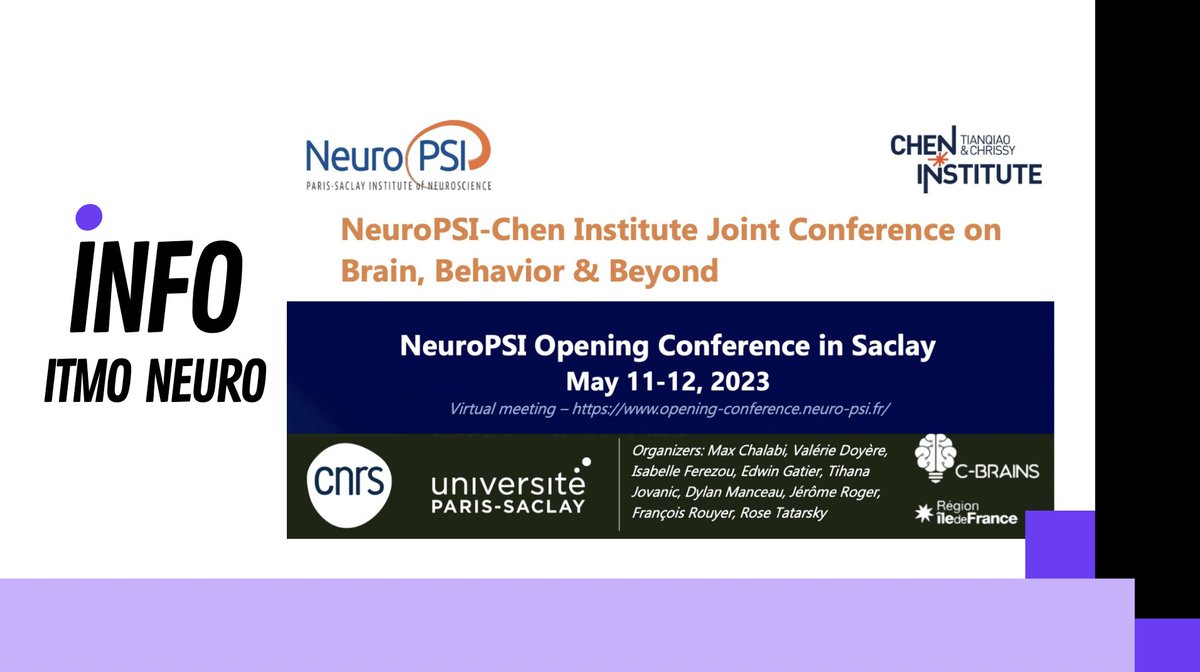 IT__neuro's tweet photo. #OpenNeuroPSI
Still time to register for the @NeuroPSI_saclay and @ChenInstitute conference on May 11 and 12, 2023!
Registration โก๏ธhttps://t.co/9Is6pszr1t https://t.co/VIWKmMo7KP