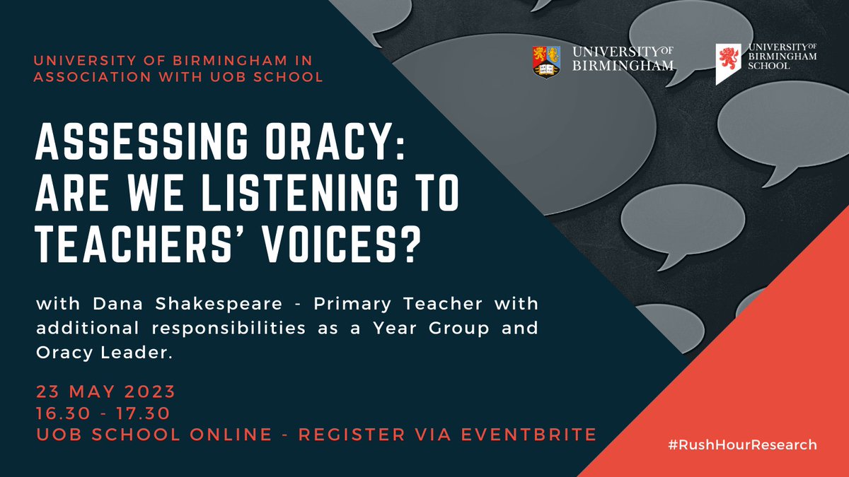 UoBSchool's tweet photo. Assessing Oracy: Are we Listening to Teachers' Voices?Our #RushHourResearch lecture series continues.
Find out more and join us π
ποΈ Tuesday 23 May
π 16.30 - 17.30
π Online. Register: https://t.co/az7n5V8ICL
#edutwitter #education #teachers #teaching #uob @karl_kitching https://t.co/AhyorruLFR