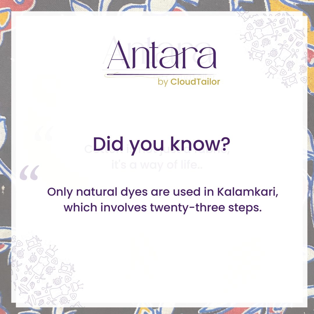 Discover the exquisite art of Kalamkari, where every piece is a result of a 23-step process using only natural dyes. Experience the beauty of traditional Indian textiles like never before!

#Kalamkari #NaturalDyes #IndianTextiles #Antara #AntarabyCloudTailor