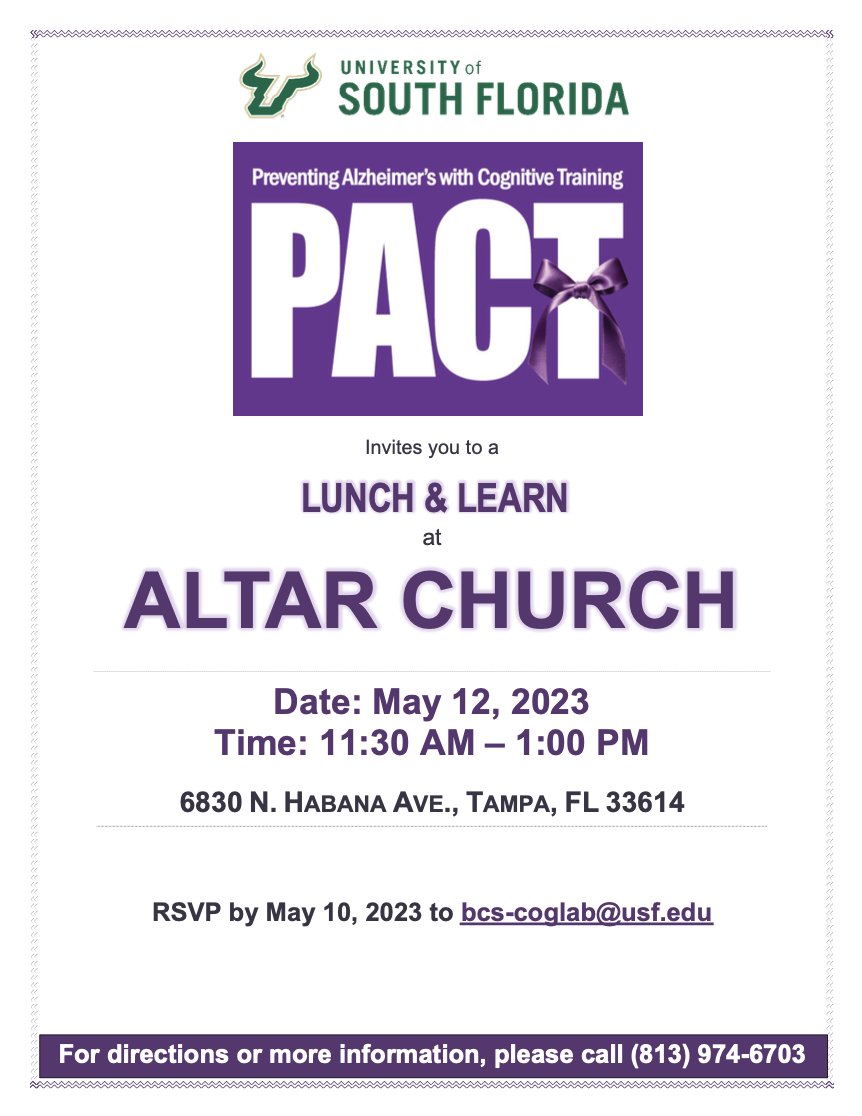 ARCT Lab (@arct_lab) on Twitter photo The Cognitive Aging Lab is hosting a PACT Lunch and Learn at a church in Tampa on Friday, May 12 from 11:30-1. If you are interested in joining please RSVP by May 10th to bcs-coglab@usf.edu The Cognitive Aging Lab is hosting a PACT Lunch and Learn at a church in Tampa on Friday, May 12 from 11:30-1. If you are interested in joining please RSVP by May 10th to bcs-coglab@usf.edu