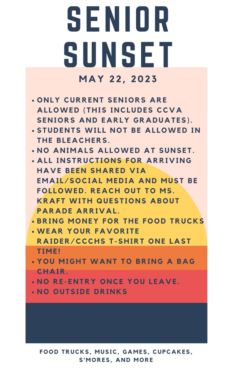 🌄 Senior Sunset 🌄 will be Monday, May 22 immediately following the community-sponsored parade that begins at CCCHS at 6:00 PM and will end at 9:15. We will have games, music, food trucks, cupcakes, and more. Check your email and facebook for more information.