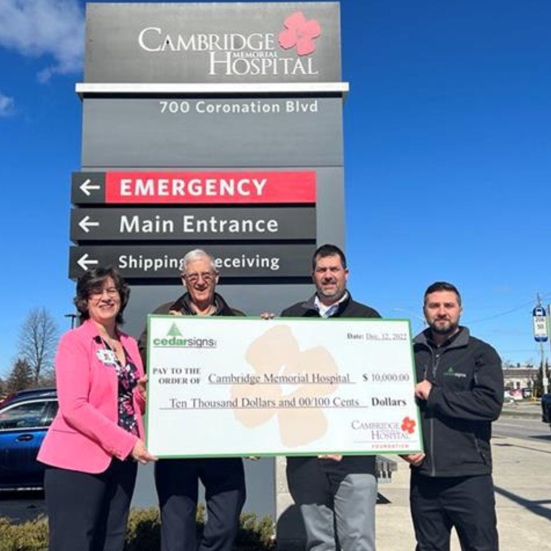 CMH_Foundation's tweet photo. Thank you, John, Donny &amp; Peter from Cedar Signs, who donated $10,000 to help CMHF purchase life-saving hospital equipment. Cedar Signs’, &amp; its owners, Peter &amp; Susan Rivers,’ have donated to CMH annually for years &amp; an ICU Patient Room is named in recognition. @CedarSignsInc https://t.co/05UBQEEkmB