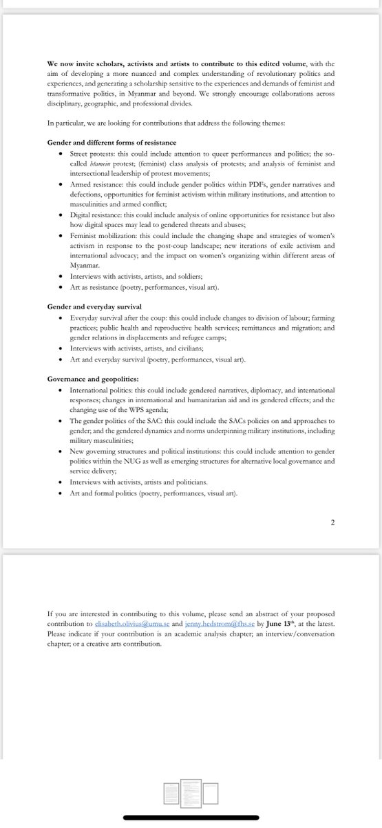 Do you work on gender and Myanmar? Please check our call for contributions to a new book: "Gender, Resistance and Survival in Myanmar's Spring Revolution"! Academic analysis, coversations, and arts contributions welcome! @HedstromJenny #WhatsHappeningInMyanmar