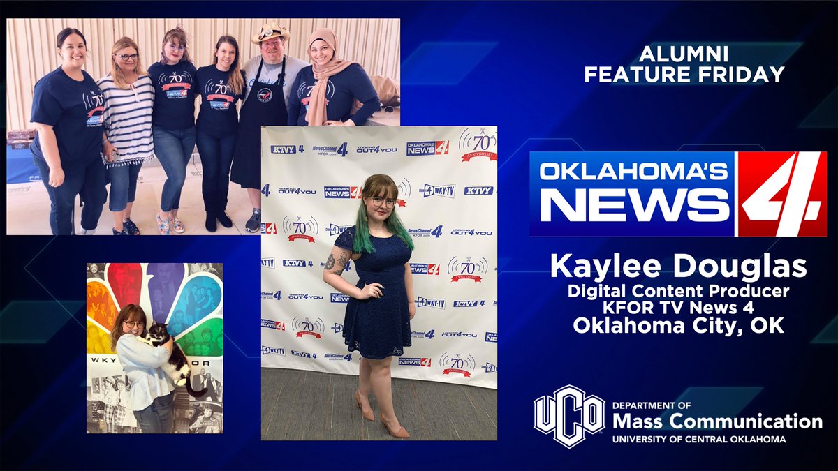UCO_MCOM's tweet image. An #AlumniFeatureFriday shoutout to @kayleedd, a digital content producer at @kfor in OKC. Kaylee covers multiple content for all of @kfor's digital platforms from Breaking News to social media engagement. 

Are you a MCOM alum doing great things? DM us to be featured!