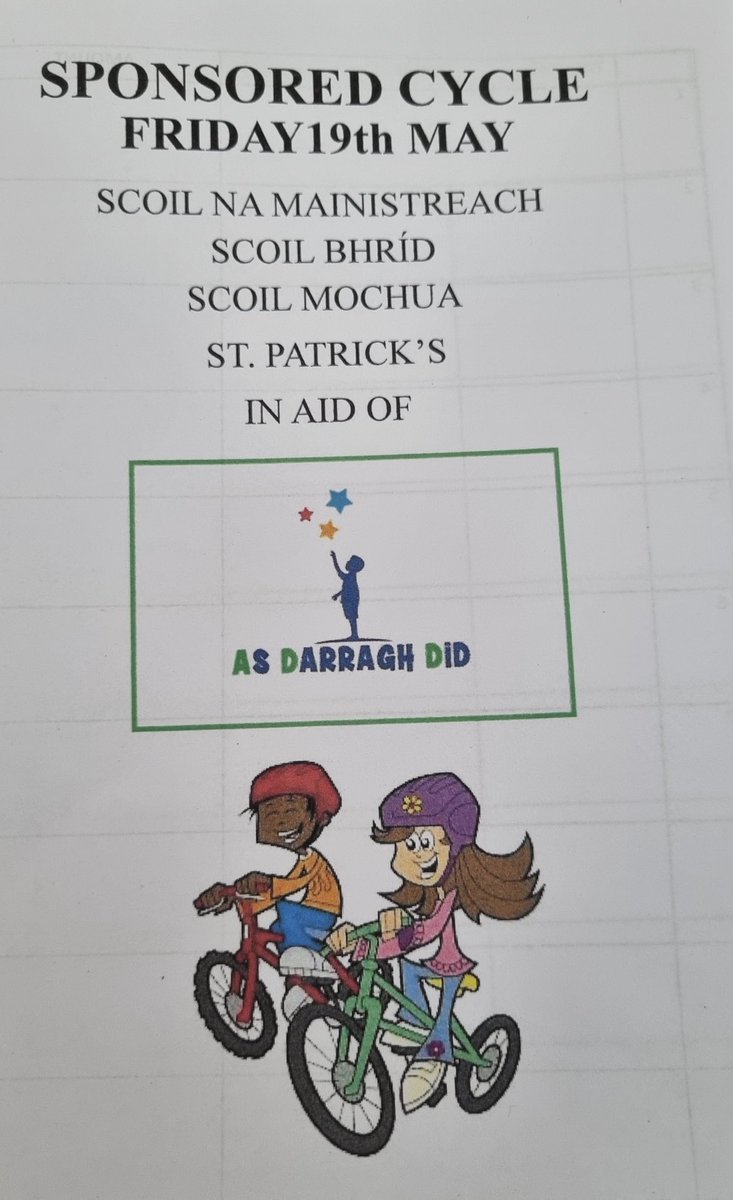 If you know any of the kids from these schools then they may be waving a sponsorship card in front of you soon as they fundraise for As Darragh Did
Please support if you can.
We’ll be leaving Scoil na Mainistreach at 10am on Friday 19th to reach Maynooth around 10:45. 
Thank you