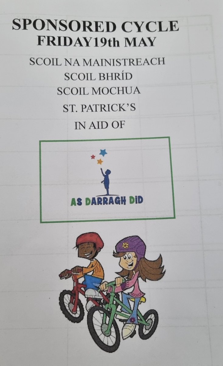 If you know any of the kids from these schools then they may be waving a sponsorship card in front of you soon as they fundraise for As Darragh Did Please support if you can. We’ll be leaving Scoil na Mainistreach at 10am on Friday 19th to reach Maynooth around 10:45. Thank you