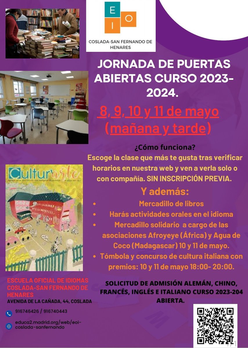 Ven a descubrir la escuela y sus enseñanzas durante las jornadas de puertas abiertas. Podrás asistir a clase y conocer nuevos idiomas. Habrá también mercadillo de libros, artesanía de Benín y Madagascar y actividades en italiano el miércoles y jueves por la tarde ¡Os esperamos!