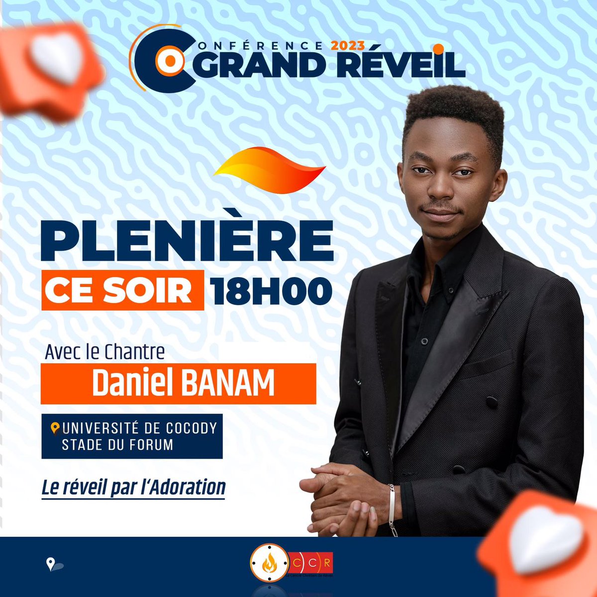 PasteurYd's tweet photo. 𝐂𝐎𝐍𝐅𝐄́𝐑𝐄𝐍𝐂𝐄 𝐆𝐑𝐀𝐍𝐃 𝐑𝐄́𝐕𝐄𝐈𝐋 🥳🤩😍
La conférence Grand Réveil c'est aussi le réveil par l'adoration!
Rejoignez-nous ce soir à 18h sur nos différentes pages sociales pour un temps d'adoration avec le chantre Daniel Banam

Plus d'informations : +225 01 01 300 800 https://t.co/vzYbKF4dtL