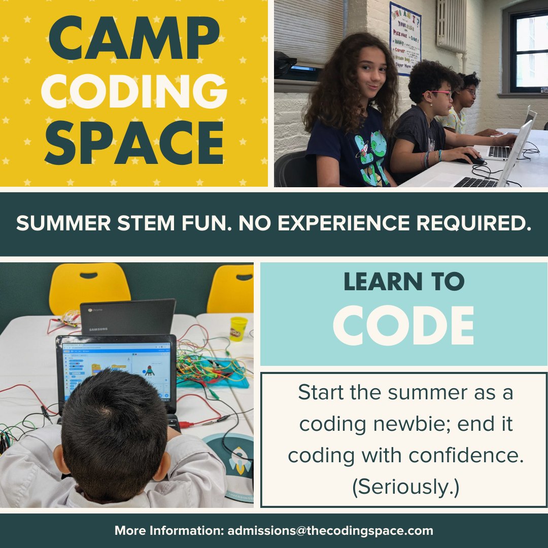 thecodingspace's tweet image. 🚀☀️ Reason #1 to join #CampCodingSpace: Learning to code!!

🚀☀️ By the end of #summer, you&apos;ll have a new superpower — the ability to build games and programs in Scratch, JavaScript, and more.

#TheCodingSpace #CodingForBeginners #KidsWhoCode  #Coder #SummerCamp #CodingCamp