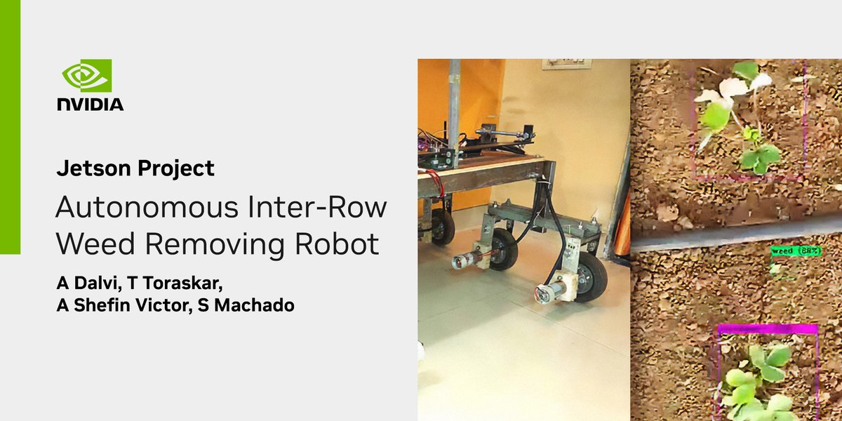 NVIDIARobotics's tweet photo. #WeeklyJetsonProject: Sick and tired of weeds growing in your field? Controlled by an #NVIDIA Jetson Nano using two cameras for navigation and weeding, this autonomous #robot has the ability to crop and detect weeds thanks to the tiny YOLOv4. Learn more > https://t.co/73WWWVdtyA https://t.co/sZ3tIJ2jB4